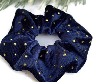 Navy Blue Scrunchies With Gold Polka Dots Handmade