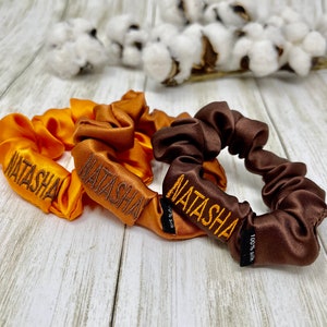 Fall Colors Custom Embroidered Pure Mulberry Silk Scrunchies | Personalized Scrunchies Skinny Size | Choose Your Color