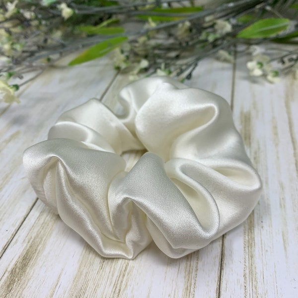 Off-White Pure Silk Scrunchies. Real Silk Hair Ties. 100% Natural Silk Ponytail Holder.