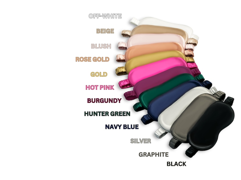 May include: A set of 12 silk sleep masks in various colors, including off-white, beige, blush, rose gold, gold, hot pink, burgundy, hunter green, navy blue, silver, graphite, and black.