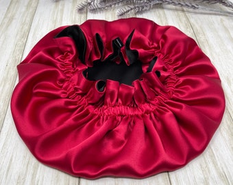 Double layer 100% Pure Silk Bonnet | Reversible Black and Red 19 Momme 6A Grade Mulberry Silk Bonnet For Hair Protection