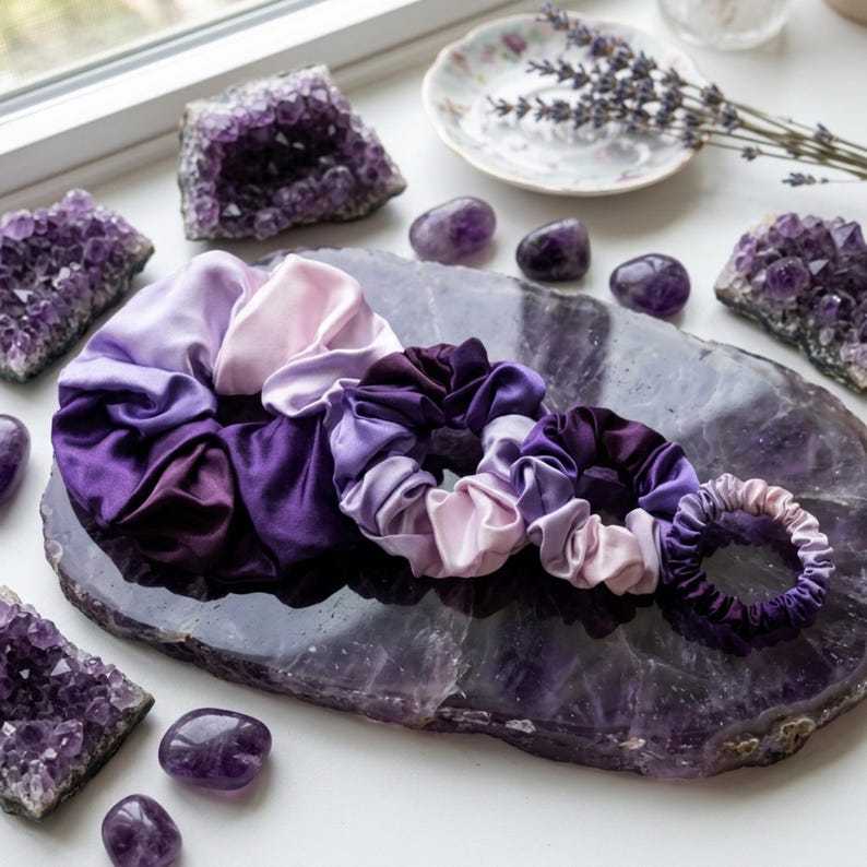May include: A set of four hair scrunchies in varying sizes, featuring a smooth, satin-like fabric with an ombre gradient transitioning from deep purple to light lavender. The scrunchies are arranged in a row, showcasing their gathered, pleated texture.