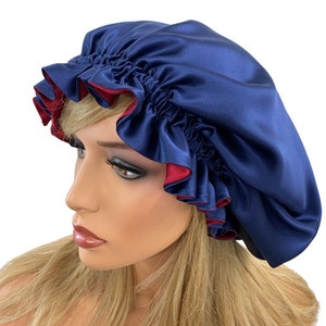 Reversible navy and burgundy 100% mulberry silk bonnet. Double layer 19 Momme 6A Grade Mulberry Silk Bonnet For Hair Protection