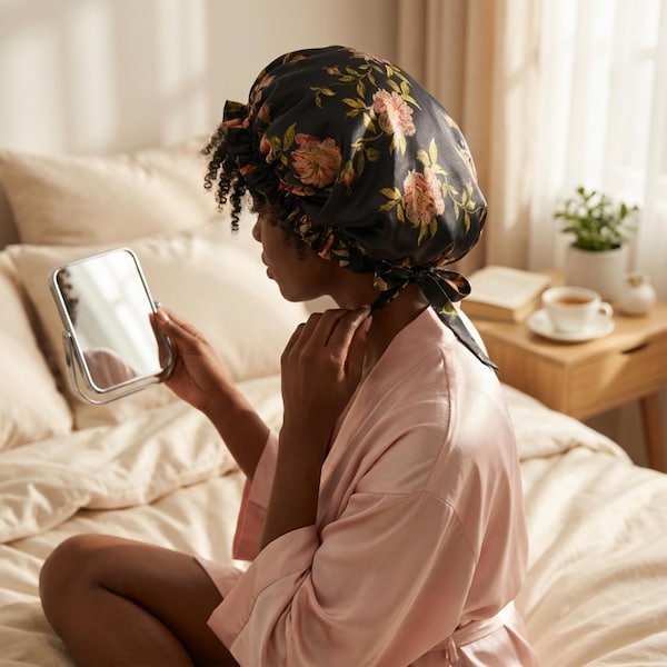 Adjustable Wild Rose and Olive pure mulberry silk bonnet HANDMADE in USA
