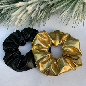 PU Leather 2 Scrunchie Pack Gold & Black Leather Scrunchies Handmade Ponytail Holders