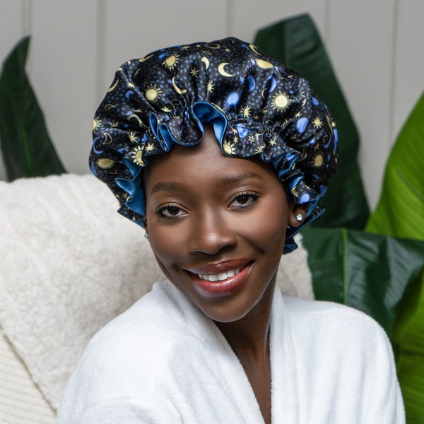 Reversible Mulberry Silk Bonnet: Sun and Moon Print, Hair Protection