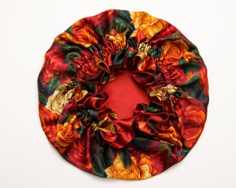 Handmade Reversible Silk Bonnet: Rust Rose Floral, Double Layer