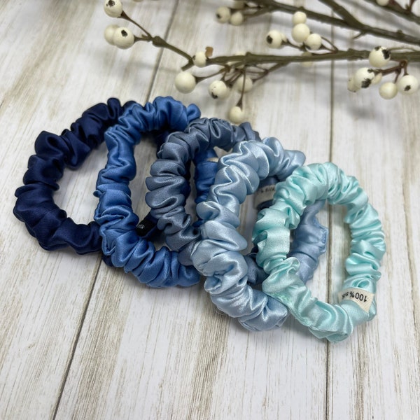 Blue shades pure mulberry silk scrunchies. Skinny size 2.5-3'' diameter