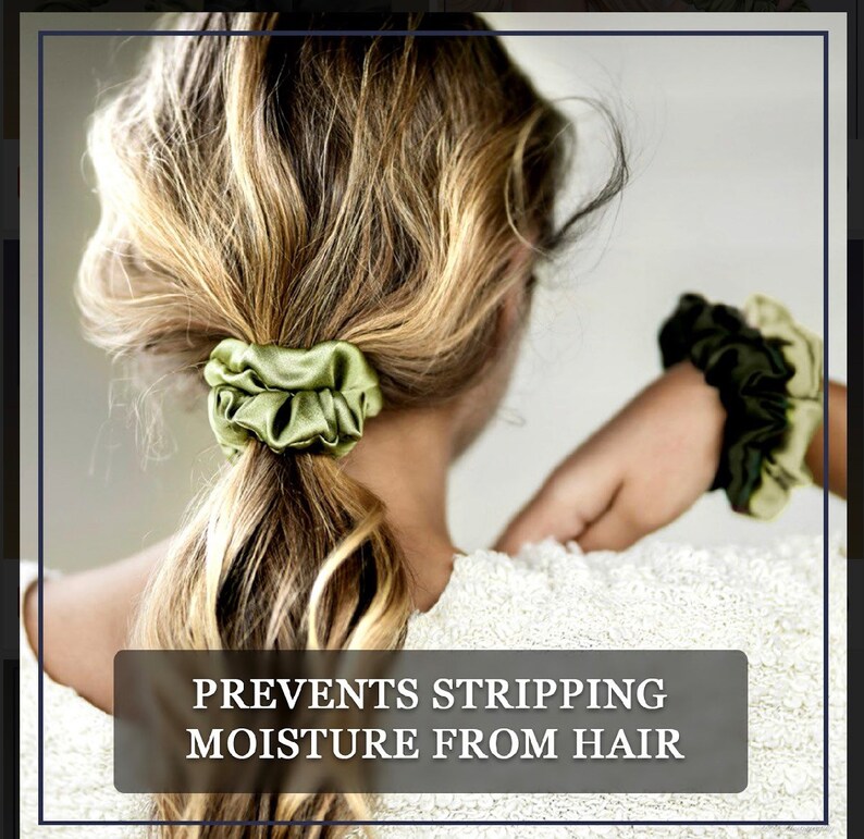 May include: Green satin scrunchies for hair.  The text "PREVENTS STRIPPING MOISTURE FROM HAIR" is on the bottom of the image.