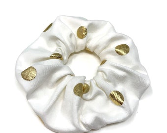 Gold Polka Dots Scrunchy. Soft Cotton Ivory Ponytail Holder.