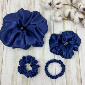 Navy Blue Pure Mulberry Silk Scrunchies Giant Regular Skinny Ultra Thin Navy Blue Hair Ties Choose your size