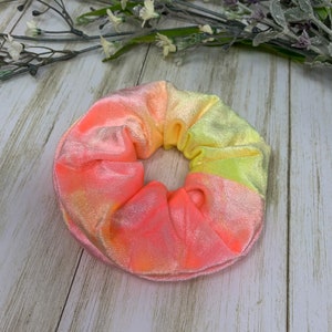 Pink and Yellow Tie Dye Velvet Scrunchies. Handmade Multicolored Hair Ties.