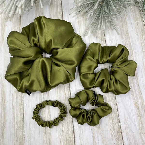 Olive Pure Mulberry Silk Scrunchies Giant Regular Skinny Ultra Thin Hair Ties Choose your size