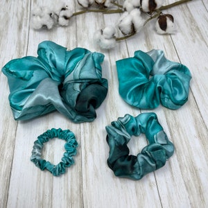 Luxury Turquoise Tie-Dye 100% pure mulberry silk scrunchies Giant Regular Skinny Ultra thin real silk hair ties