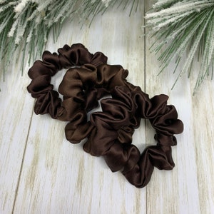 100% Pure Silk Scrunchie 3-Pack for Dark Brown Hair Skinny Scrunchies. Genuine Silk Ponytail Holders. Real Silk Hair Ties. Silk Scrunchy.