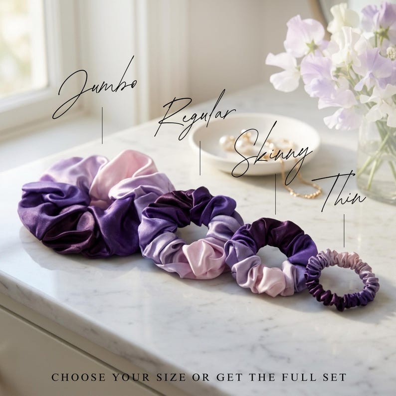 May include: Four ombre hair scrunchies in shades of purple, ranging from light lavender to deep violet. The sizes are labeled as Jumbo, Regular, Skinny, and Thin. The text at the bottom reads CHOOSE YOUR SIZE OR GET THE FULL SET.