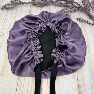 Midnight lavender and Black Reversible 100% pure silk bonnet Adjustable sleeping hat HANDMADE in USA