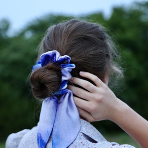 Indigo Lavender Pure Mulberry Silk Hair Scarf Scrunchies 19 momme 6A Grade | 70s Fashion Scrunchie Bow