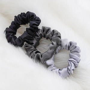 Natural Colors Pure Mulberry Silk Scrunchies Skinny Size | Black Silver and Graphite Organic Silk Hair Ties 19 Momme | Choose your color
