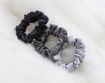 Natural Colors Pure Mulberry Silk Scrunchies Skinny Size | Black Silver and Graphite Organic Silk Hair Ties 19 Momme | Choose your color