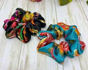 Vintage Peony Print Pure Silk Scrunchies. Mulberry Silk Hair Ties.