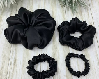 Black Giant Regular Skinny and Ultra Thin 100% Pure Mulberry Silk Scrunchies 19 Momme 6A Grade | Choose Your Size