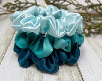 Teal Mulberry Silk Scrunchies: Skinny Hair Tie, 3'' Diameter