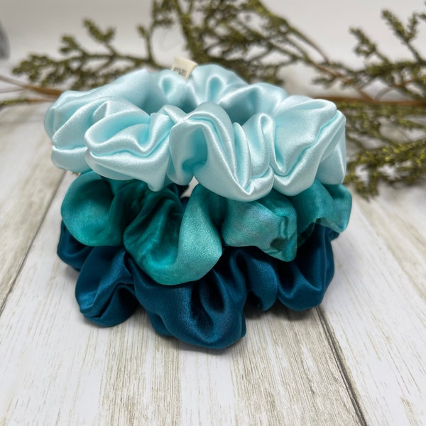 Teal shades skinny scrunchies 100% pure mulberry silk 19 momme 6A Grade long fiber silk fabric 3'' diameter