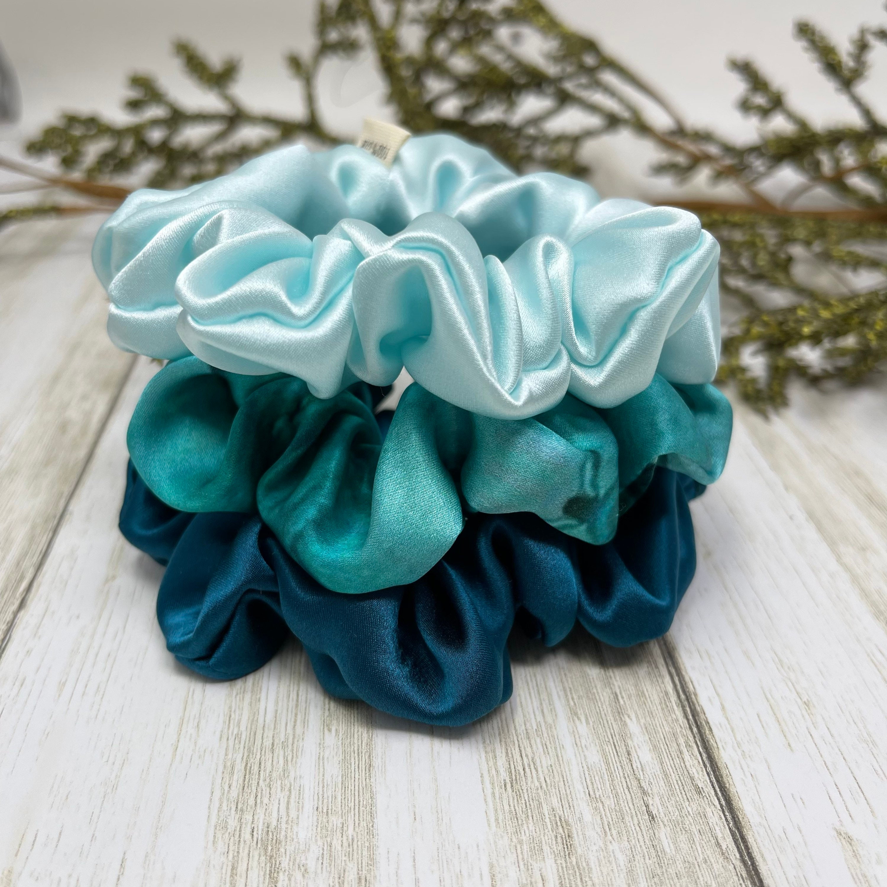 Teal Mulberry Silk Scrunchies: Skinny Hair Tie, 3 display picture 3