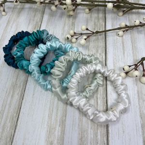 K&ouml;nnte beinhalten: F&uuml;nf Satin-Haargummis in den Farben Teal, Blau und Wei&szlig;. Die Haargummis sind in einem Farbverlauf von Dunkel-Teal bis Wei&szlig; angeordnet.