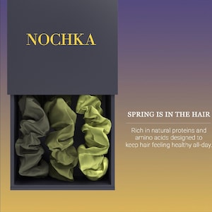 May include: A black box with the word "NOCHKA" printed on the top. The box is open and contains three green and black hair scrunchies. The text "SPRING IS IN THE HAIR" is printed on the right side of the image. The text below reads "Rich in natural proteins and amino acids designed to keep hair feeling healthy all-day."