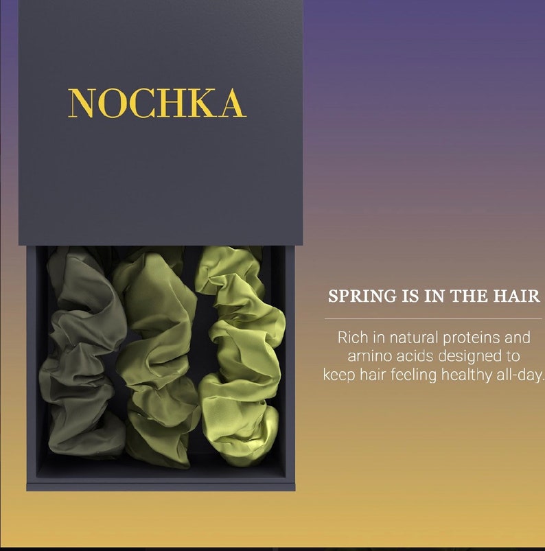May include: A black box with the word "NOCHKA" printed on the top. The box is open and contains three green and black hair scrunchies. The text "SPRING IS IN THE HAIR" is printed on the right side of the image. The text below reads "Rich in natural proteins and amino acids designed to keep hair feeling healthy all-day."