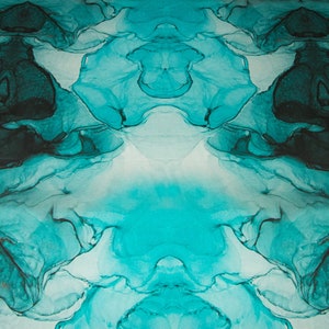 May include: Abstract art print featuring swirling blue and green ink, creating a symmetrical design.