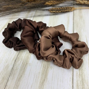 Pure Silk Dark Brown, Dark Chocolate and Cappuccino Skinny Scrunchies. Pack-3 Real Silk Small Hair Ties. Brunette Hair Scrunchies.
