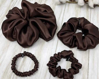 Dark Chocolate Pure Mulberry Silk Scrunchies | Brunette  Jumbo Regular Skinny and Ultra Thin Scrunchies Choose Your Size