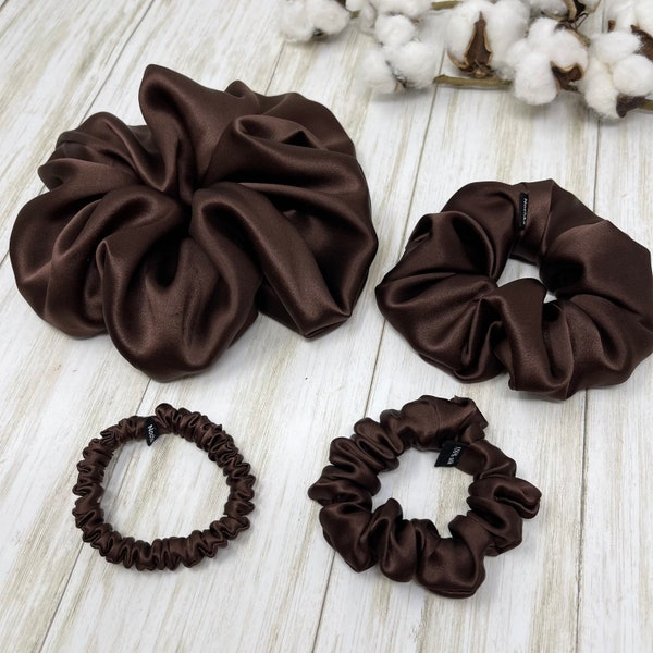 Chouchous en soie de mûrier pure chocolat noir | Brunette Jumbo Regular Skinny et Ultra Thin Scrunchies Choisissez votre taille