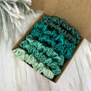 Green Shades Pure Mulberry Silk Ultra Skinny Scrunchies | Organic Silk Fabric 19 momme 6A Grade | Choose your color