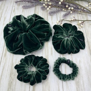 Hunter Green Velvet Pure Mulberry Silk scrunchies Jumbo, Regular, Skinny, Ultra skinny size