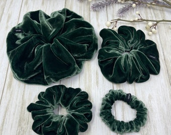 Hunter Green Velvet Pure Mulberry Silk scrunchies Jumbo, Regular, Skinny, Ultra skinny size