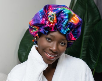 Reversible 100% Pure Silk Bonnet | Tie Dye and Navy  Blue Double layer 19 Momme Mulberry Silk Bonnet For Hair Protection
