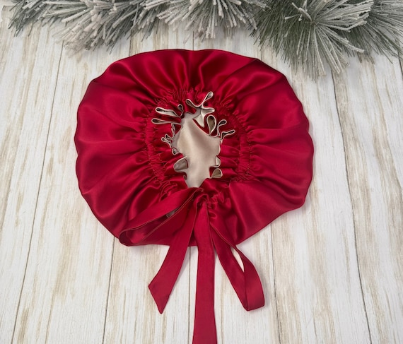Crimson Red and Light Caramel Adjustable 100% Mulberry Silk Bonnet
