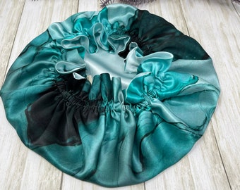 Turquoise tie dye Reversible 100% pure silk bonnet Double layer 19 momme 6A Grade mulberry silk bonnet for hair protection