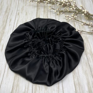 Black reversible pure mulberry silk bonnet Double layer 19 Momme 6A Grade  Silk hat for hair protection