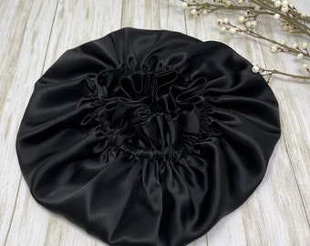 Black reversible pure mulberry silk bonnet Double layer 19 Momme 6A Grade  Silk hat for hair protection