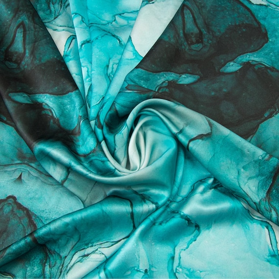 Turquoise Tie-Dye Print 100% Pure Mulberry Silk Fabric 19mm 54" Width
