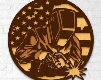 Welder On American Flag Multilayer Svg Png Dxf, Plywood, Laser Cut Files For Plasma, Paper Cutting, CNC, Digital Download.