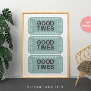 Impresión de póster de boleto verde retro, arte de pared de texto de buenos tiempos, vibraciones retro, decoración de bar retro, arte imprimible de tipografía, decoración de pared de moda.