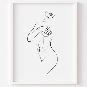 Dessin au trait corps de femme, contour de figure féminine, dessin abstrait d&#39;un trait, art mural simple minimaliste, impression abstraite imprimable, art féministe.