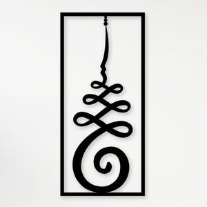 May include: Black metal wall art featuring a stylized Unalome symbol within a rectangular frame. The Unalome design, a spiral and loop motif, is a representation of the path to enlightenment. The artwork is displayed against a white wall.