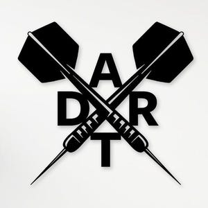 Puede incluir: Arte de pared de metal negro con dos dardos cruzados con la palabra "DART" escrita en mayúsculas. Los dardos tienen plumas negras y puntas plateadas. La obra de arte está montada en una pared blanca.